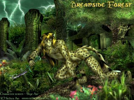 Dream Forest - leopard, totem, forest, flower, humanoid, necklace, plants, 3d, lightning