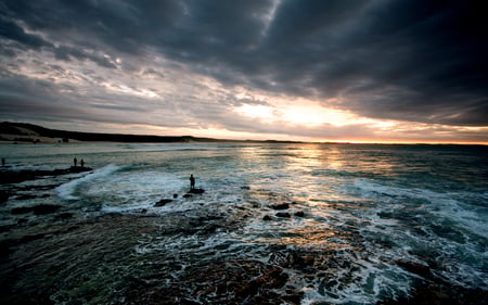 Last Sunlight at Fraser Island  - queensland, fisherman, beach, last sunlight at fraser island, andrew tallon, fraser island, australia, fisher, sunset