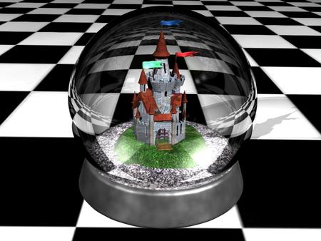 Paperweight on a Checkered Board - paperweight, globe, abstract, black and white, 3d, castle