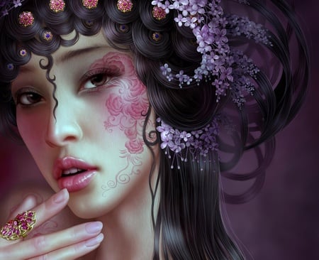 Beautiful Lilac - pretty, geisha, she, eyes, flowers, oriental, purple, ornaments, face, art, abstract, tattoo, beautiful, girl, chinese, beauty, fantasy, lips, woman, sexy, fantasy girl