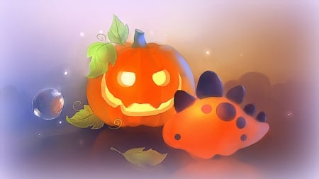 Pumpkin Dino Halloween - dino, pumpkin, lovely, fantasy, creative pre-made, ghost, halloween, cool, digital art, softness beauty, leaves, colors, october 31st, paintings, cute, spooky