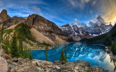 Splendor - clouds, trees, splendor, landscape, reflection, nature, view, Canada, Moraine Lake, lake, mountains, peaceful, sky