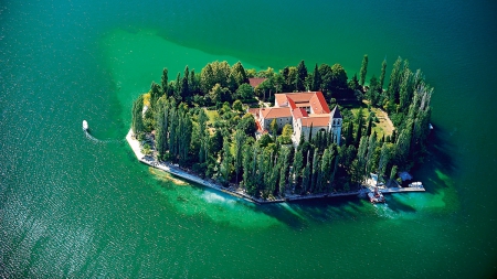 ISLAND - monastery, trees, croatia, water, green