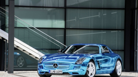 fantastic metallic blue mercedes - car, blue, building, glass, metallic