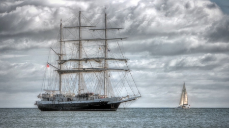 beautiful tall ship and a catamaran at sea hdr - clouds, sail ship, hdr, sea, catamaran