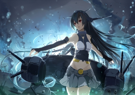 Battle - pretty, anime, skirt, blue, beautiful, tank, girl, beauty, night, light, long hair, battle, white, art, gloves