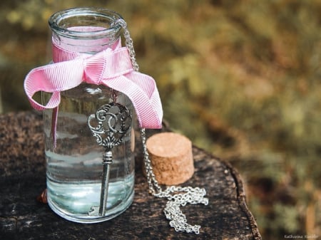 Pink ribbon - key neckless, tree, bottle, grass, pink ribbon