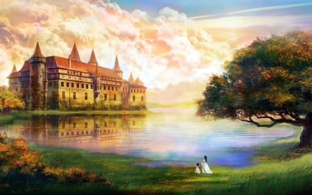 Stroll by the lake - clouds, queen, beautiful, stroll, grass, walk, child, tree, view, painting, lake, castle