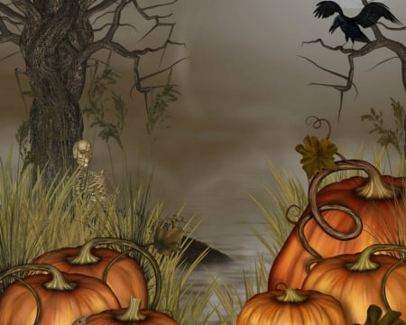 Halloween pumpkin - crow, skeleton, halloween, grass, pumpkin, tree