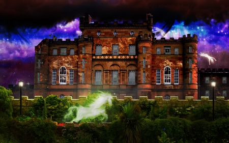 Haunted Mansion - autumn, bats, stars, haunted, ghosts, bushes, halloween, butterfly, zombies, fall, horse, clouds, lamps, mansion, house