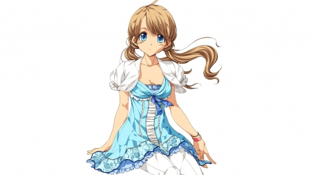 anime girl - anime, anime girl, female, blue dress, brown hair, long hair, cute, pigtail, blue eyes