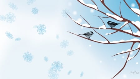 Winter Tree - bird, branch, winter, snowflakes, blue, snow, tree, cold, chickadee, sky