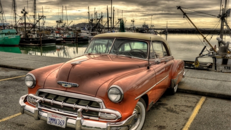 vintage chevrolet parked on a wharf hdr - boats, wharf, docks, car, vintage, hdr