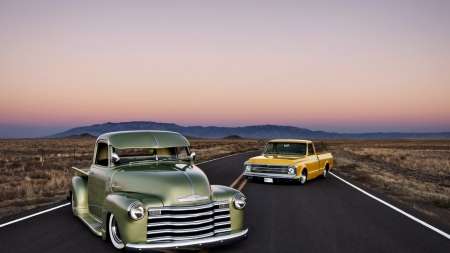 classic chevy pickups - highway, desert, trucks, pickups, sky