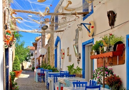 Alacati - beauty, street, blue, architecture, flowers