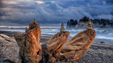 magical stones stacks on a drfitwood - clouds, beach, sea, driftwood, stones