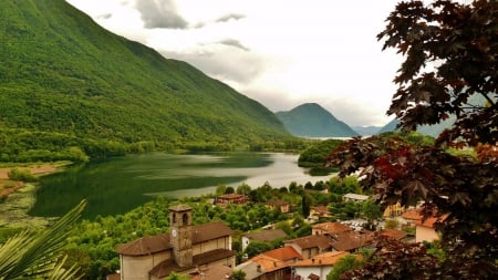 gorgeous lakeside town of carlazzo italy  - lake, town, clouds, tree, mountain, green