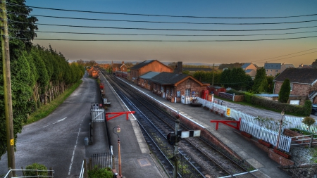 marvelous view of a train station in a small town hdr - statiom, tracks, town, view, railway, hdr