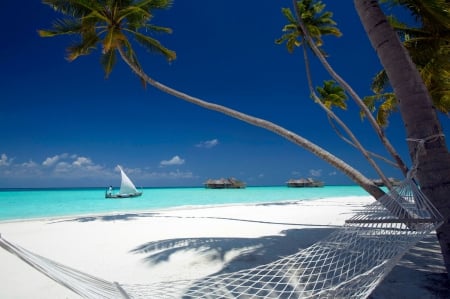 Hammock on White Sand Beach - tropical, aqua, hammock, boat, beach, islands, ocean, blue, sand, white, lagoon, island, sea, paradise, exotic