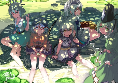 A Day At The Pond - girls, water, barefoot, mononobe no futo, hats, touhou, toyosatomimi no miko, dresses, soga no tojiko, kaku seiga, anime, miyako yoshika, flowers, lily pads, pond