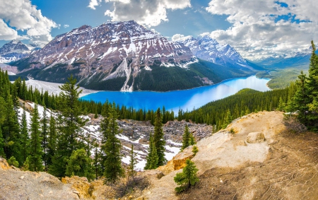 peyto lake - fun, lake, sky, landscape, mountain, peyto, trees, mountains, rocks, nature, forest, clouds, snow, canada, splendor, enchanting nature