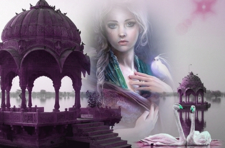 Lovely Scenery - woman, nice, swans, girl, wallpaper, lovely, fantasy, art, beautiful, scenery, digital