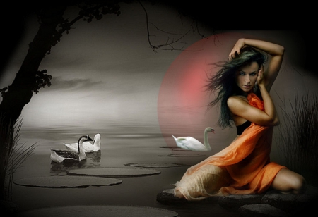 Beauty at the Lake - romantic, beautiful, girl, lovely, fantasy, swans, digital, woman, art, wallpaper