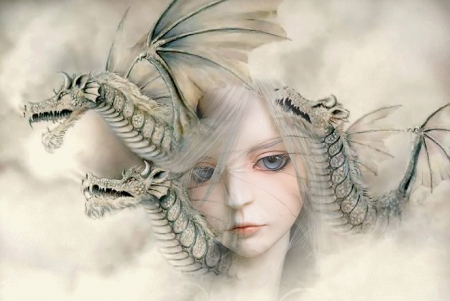 Girl and Dragons - artistic, beautiful, serene, girl, fantasy, dragons, digital, woman, face, fine, art, wallpaper, pastel