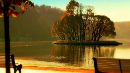 Lake Promenade - benches, trees, reflection, landscape, island, mist