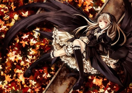 Suigintou - beauty, black dress, female, wings, anime girl, rozen maiden, red eyes, suigintou, doll, leafage, beautiful, anime, smile, dress, bludh, white hair