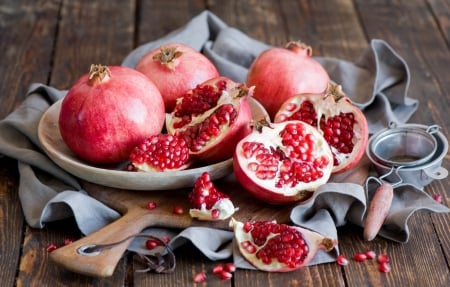 Pomegranate - fruits, red, wooden, pomegranate