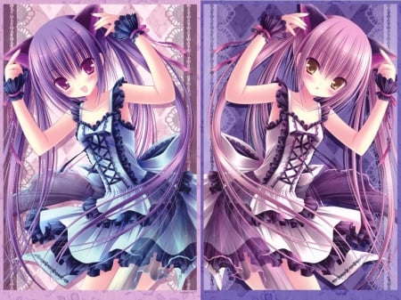 twins - girls, purple, blue, anime, cute dress, manga