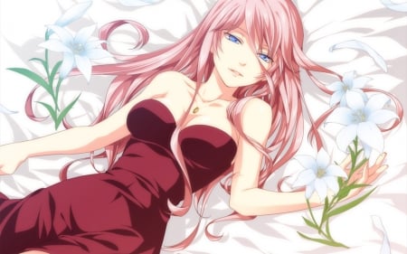 the beautiful girl - flowers, music, manga, vocaloid, anime, megurine luka, pink dress