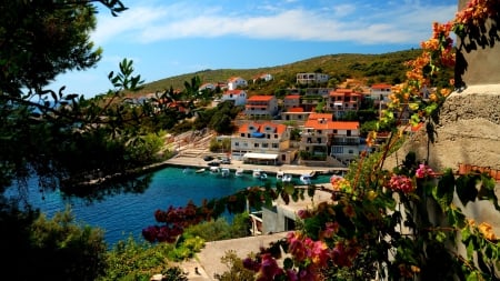 lovely town on korcula island in croatia - hill, houses, trees, popular, harbor, mountains, wallpaper, nature, cityscapes, oceans, town, panoramic view, island, sea