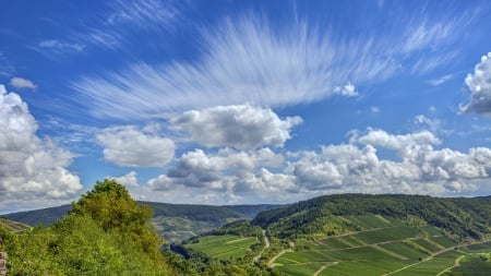 gorgeous sky over a sea of fields - sky, clouds, hills, fields, green