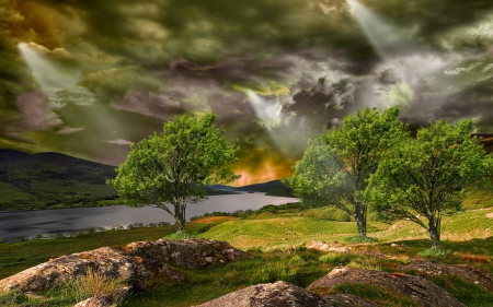 hill loch - loch, dark, stunning, spooky, hd, lake, color, scotland, cloudy, storm, hill, silk, trees, water, silky, wind, grey, rocks