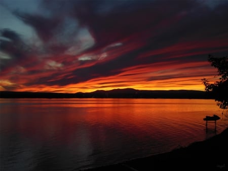 Sunset Over Cumberland Bay - clouds, Sunset, shore, red, lake, mountains, reflection