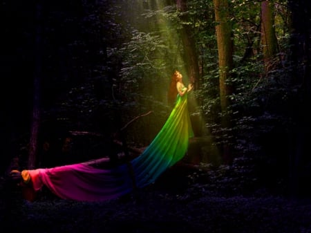 The Rainbow Dress - rainbow, lady, dress, long, colors, forest