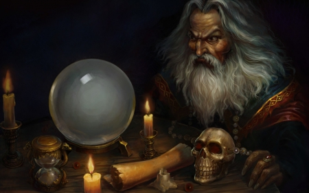 Dark Quest - wizard, candle, crystal ball, dark quest, orange, man, skull, male, black, fantasy, white, halloween, warlock