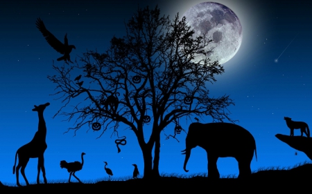 African Halloween - bird, spider, blue, snake, wolf, night, animal, elephant, halloween, moon, africa, pumpkin, tree, cat, black, eagle, giraffe