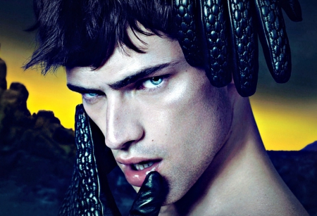 Sean Opry - male, yellow, man, blue eyes, black, gloves, sean opry, model