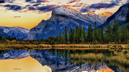 magnificent mount rundle over vermillion lake in banff np hdr - fun, lake, banff national park, mountain, trees, park, mountains, nature, forest, reflection, clouds, hdr