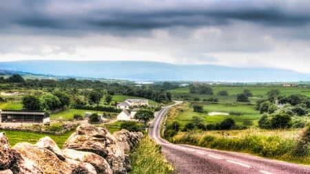 lovely farms on the west coast of ireland hdr - farms, rocks, road, clouds, fields, hdr