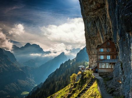 APPENZELLERLAND - morning, hostel, forest, clouds, alps, switzerland