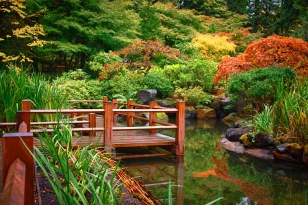 Japanese garden - nice, autumn, trees, japanese, calm, fall, quiet, river, garden, bridge, pond, lake, falling, lovely, serenity, nature, forest, beautiful, leaves