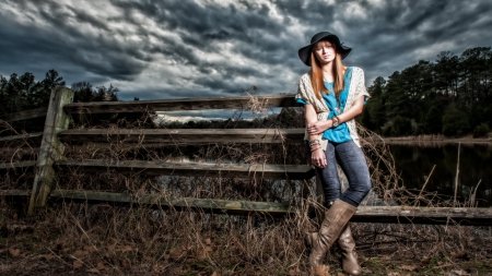 The Great Outdoors - women, farm, sky, models, trees, female, people, cowgirl, cowgirls, hats, western, lakes, clouds, fields, style, fence, girl, hills, fashion, fences, boots, outdoors, nature, beautiful, ranch, rls, farms