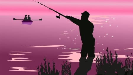 Fishing at Sunset - boars, reeds, fisherman, fishing, pink, rod, river, waders, sport, lake