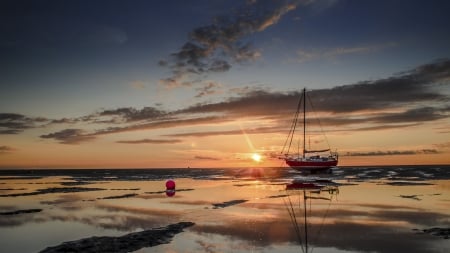 sailboat beached at low tide in sunset - clouds, sunset, beach, sailboat, tide