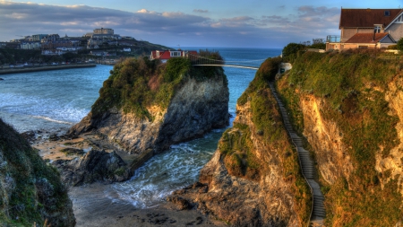 bridge to amazing towan island in england - steps, harbor, island, house, sea, bridge