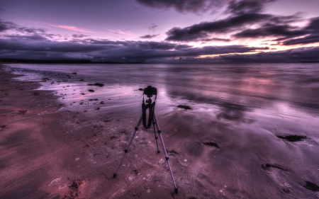 Taking Pictures - sky, ocean, ocean waves, sunset, nature, purple sunset, reflection, camera, clouds, ocean view, sea